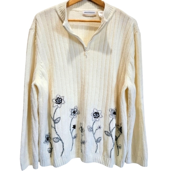 3X Alfred Dunner Pullover 3/4 Zipper Sweater Cream Embroidered Beaded Appliqué - Picture 1 of 6